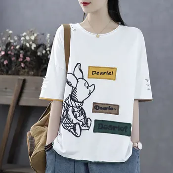 F&je Plus Veľkosť Ženy T-shirts kórejský Štýl Letné Voľné Bežné Tee Tričko Otvor Krátky Rukáv Bavlna Cartoon Topy Femme Tričko D36 113435