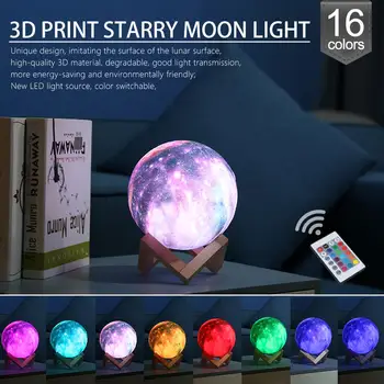 16 Farieb, 3D Tlač Hviezdy, Mesiac Lampa Farebné Zmeny Touch Ovládania Spálňa USB LED Nočné Svetlo Tvorivé Galaxy Lampy Domova 7508