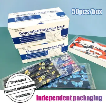 50pcs/box Dospelých Jednorazové Nezávislé Package Maska 10pcs/taška Móda Tlačené 3-Vrstvový Filter Priedušná Úst Tvár Kryt Maska