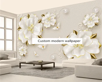 Beibehang Prispôsobené nových, moderných, troch-dimenzionální úľavu rose šperky kvety, obývacia izba, TV joj, dekoratívne tapety 62305