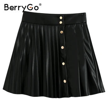 BerryGo Fashion umelé kožené dámske Mini Sukne Prekladané tlačidlo-line krátke sukne High Street Čierne Kožené Sukne jeseň