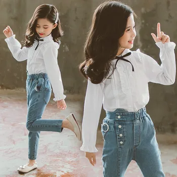 Detské oblečenie nové 2019 jeseň biele tričko+rifle 2 ks veľké dievčatá oblečenie set sa jeseň dospievajúce dievčatá oblečenie, džínsy oblek 2290