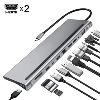 Dokovacej Stanice, USB, C HUB Typ-C 12-V-1 s Dual 4K HDMI, Gigabit Ethernet Porty pre USB C Notebooky Telefón