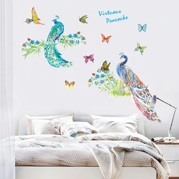 Farebné peahen brid a motýľ stenu, nálepky, Obývacia izba štúdia tapetu, spálne, Gauč pozadí dekorácie Vymeniteľné samolepky