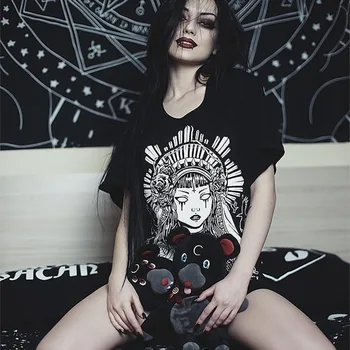 InsGirl Tmavé Goth T-shirt Ženy Punk Čarodejnice Tlač Krátky Rukáv Voľné Grafické Tees Y2K Street In Elegantný Módy Sexy Tumblr Oblečenie
