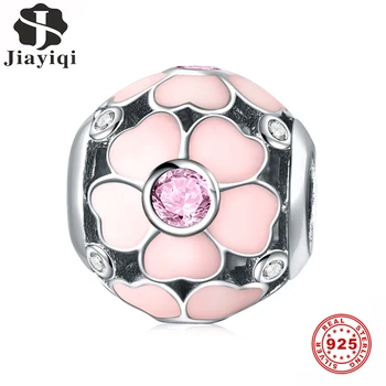 Jiayiqi 925 Ružová Magnolia Strieborné Guľôčky Autentické Mincový Striebro Kúzlo Korálky Fit Značky Kúzlo Náramok DIY Originálne Strieborné Šperky 777