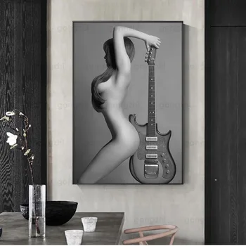 Moderné Nahé Dievča s Gitarou Plátno na Maľovanie Sexy Žena Čiernej na Bielu Stenu Umenie Plagáty a Výtlačkov pre Interiér Domova Spálne 2036