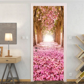 Obývacia Izba Svadobný Dom Romantický Cherry Blossom Avenue 3D Dvere Nálepky, PVC Samolepiace Nepremokavé Domov Obtlačky Vinyl 3D nástenná maľba