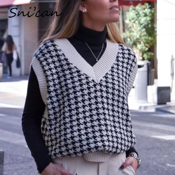Snican houndstooth bez rukávov bežné vesta v krku koberčeky pletený sveter pulóver femme dámy vytiahnuť sweter jeseň za 2020 zora