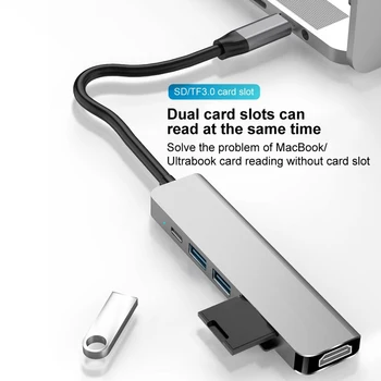 USB 3.0 Typ C Obyvateľov Adaptér 6 v 1 Duálny USB Typu C Dock pre MacBook Pro s 4K Video USBC SD TF MicroSD Card Reader HUB Rozbočovač