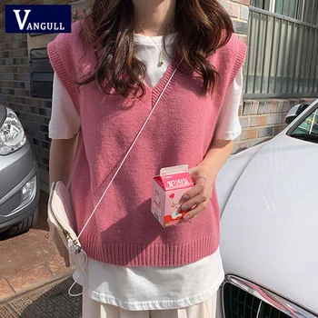 Vangull Pink v krku pletený sveter vesta 2020 Jeseň zima kórejský štýl pevné vesta bez rukávov sveter Žena pulóvre vesta 104984