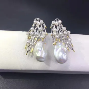 Vintage barokový prírodné sladkovodné perly stud náušnice 925 sterling silver vetva stromu jemné ženy šperky doprava zadarmo 367