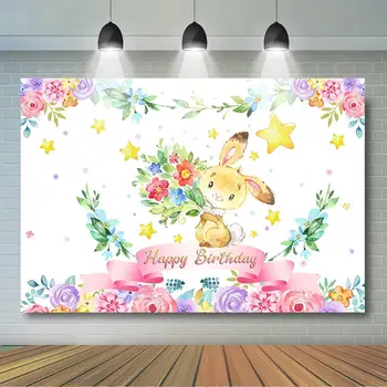 Bunny Narodeniny Pozadie Akvarel Kvetinový Malá Hviezda Pozadí Dievčatá, Narodeniny, Party Dekorácie Tortu Tabuľka Banner