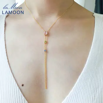 LAMOON 925 Strieborný Náhrdelník Pre Ženy Prírodné Rose Quartz Topaz Olivine Sexy Strapec Náhrdelník 14K Zlata Plátovaného Jemné Šperky LMNI101