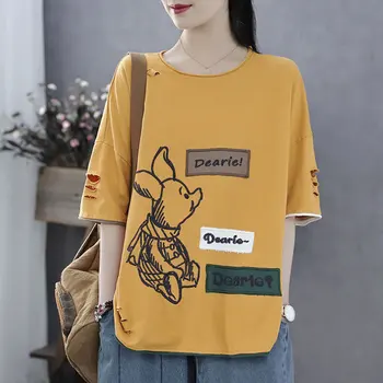 F&je Plus Veľkosť Ženy T-shirts kórejský Štýl Letné Voľné Bežné Tee Tričko Otvor Krátky Rukáv Bavlna Cartoon Topy Femme Tričko D36