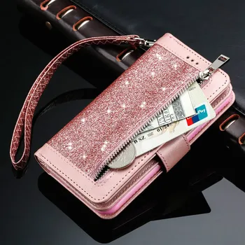 Luxusné Lesk na Zips PU Kožené Peňaženky a púzdra pre IPhone XR 11 Pro XS MAX X 6 6 7 8 Plus 12 Mini Card Vrecká Flip Cover Coque