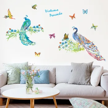 Farebné peahen brid a motýľ stenu, nálepky, Obývacia izba štúdia tapetu, spálne, Gauč pozadí dekorácie Vymeniteľné samolepky
