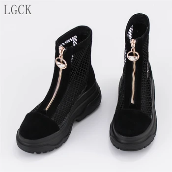 Plus Veľkosť 34-42 Pravej Kože Ženy, Sandále V Pohode, Členkové Topánky Oka Sandalias Duté Platformu Crystal Zip Módne Zapatos Mujer